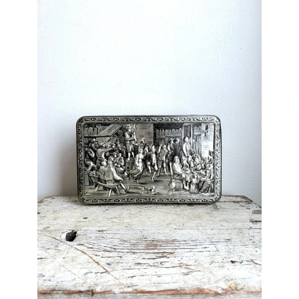 Vintage‎ Teniers 3D Embossed Belgium Tin – 1950s Silvertone Hinged Cookie Box